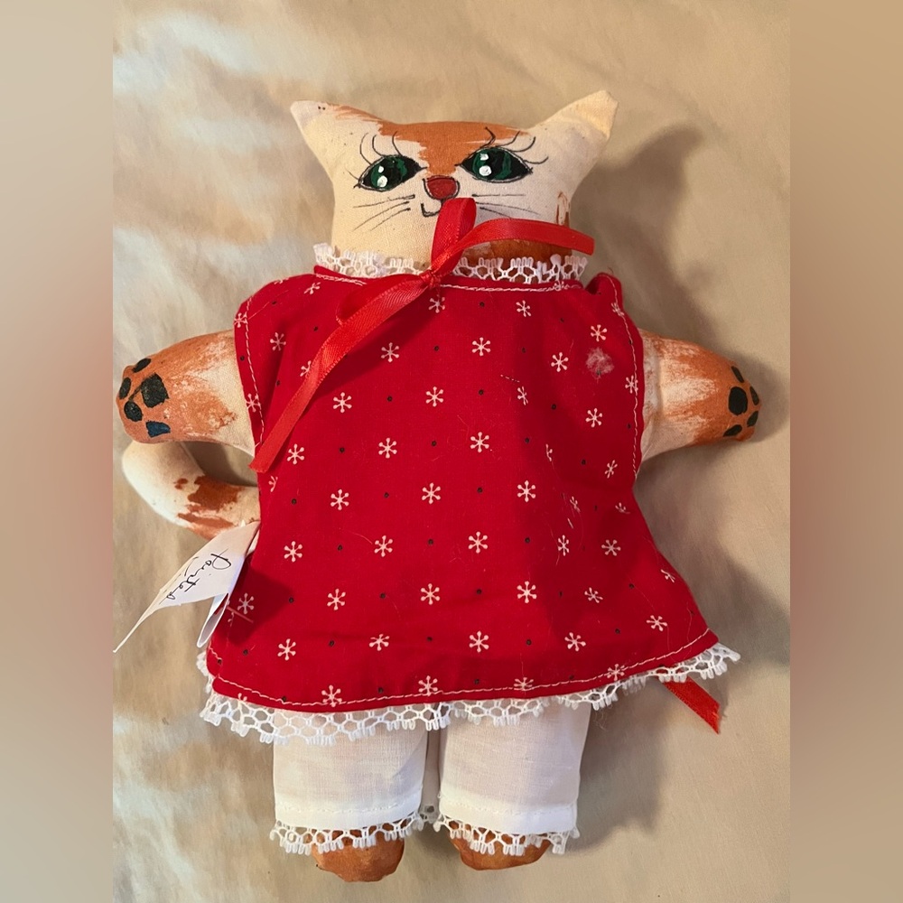 Handmade Ginger Cat Doll in Red Dress